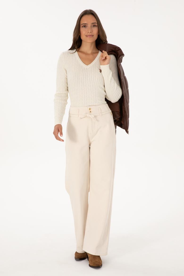 Kadın Beyaz V Yaka Basic Kazak - 50307700102