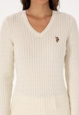 Kadın Beyaz V Yaka Basic Kazak - 50307700102