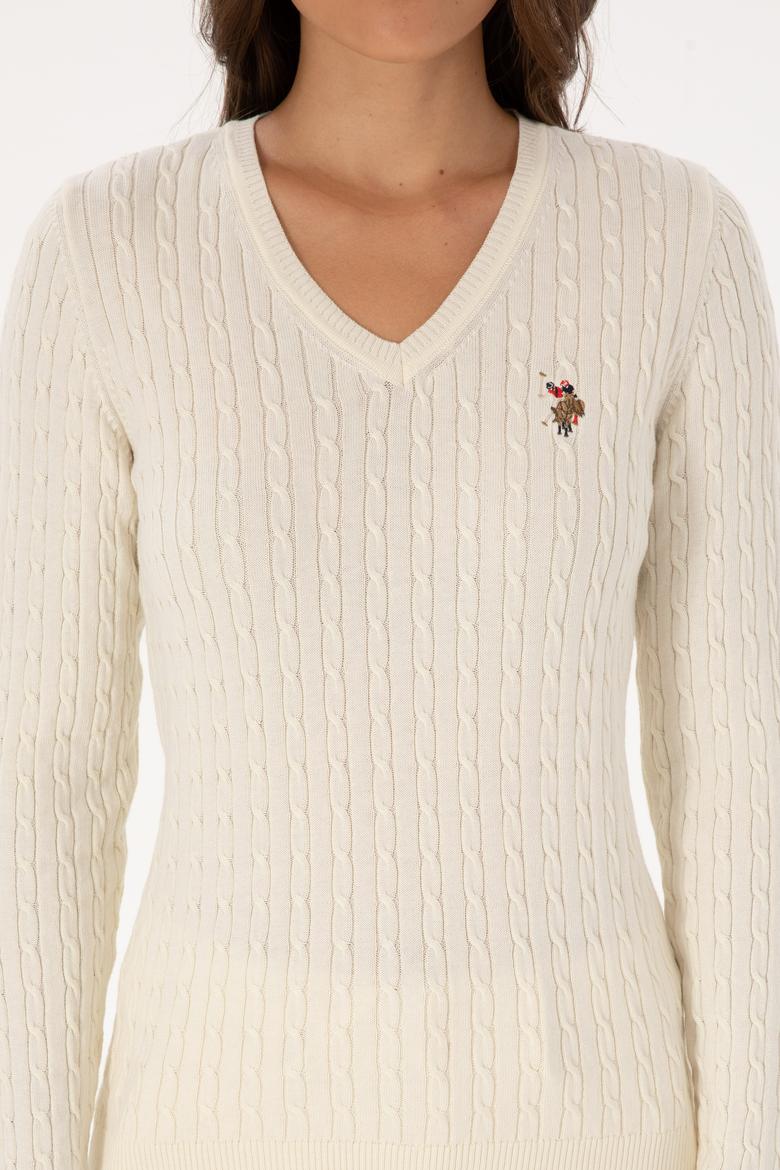 Kadın Beyaz V Yaka Basic Kazak - 50307700102