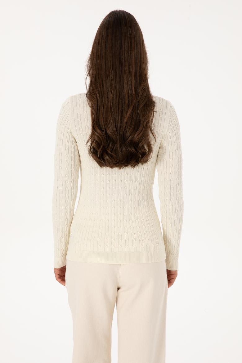 Kadın Beyaz V Yaka Basic Kazak - 50307700102