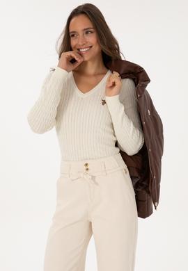 Kadın Beyaz V Yaka Basic Kazak - 50307700102