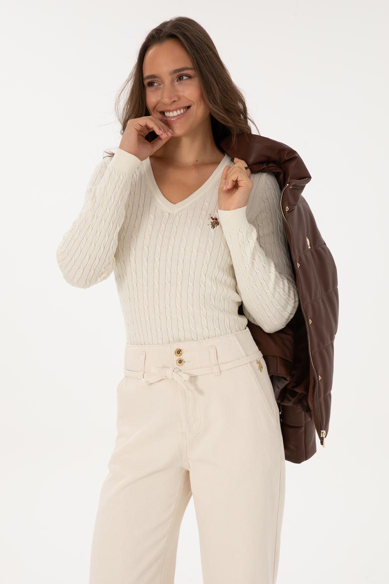 Kadın Beyaz V Yaka Basic Kazak - 50307700102