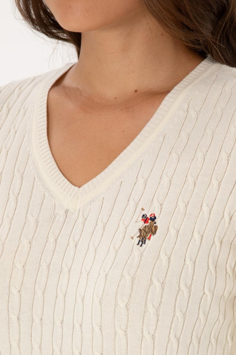 Kadın Beyaz V Yaka Basic Kazak