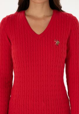 Kadın Kırmızı V Yaka Basic Kazak - 50307700006