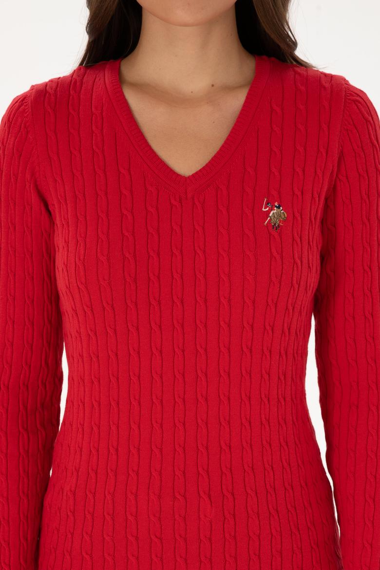 Kadın Kırmızı V Yaka Basic Kazak - 50307700006