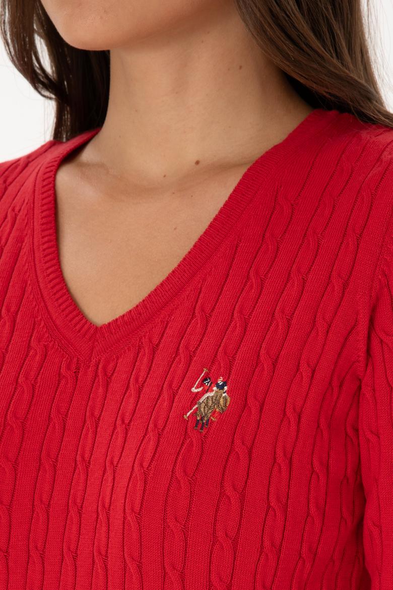 Kadın Kırmızı V Yaka Basic Kazak - 50307700006