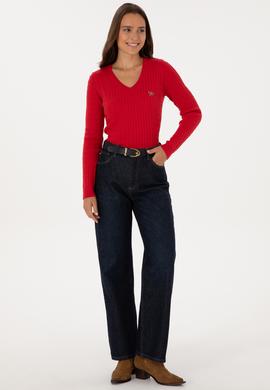 Kadın Kırmızı V Yaka Basic Kazak - 50307700006