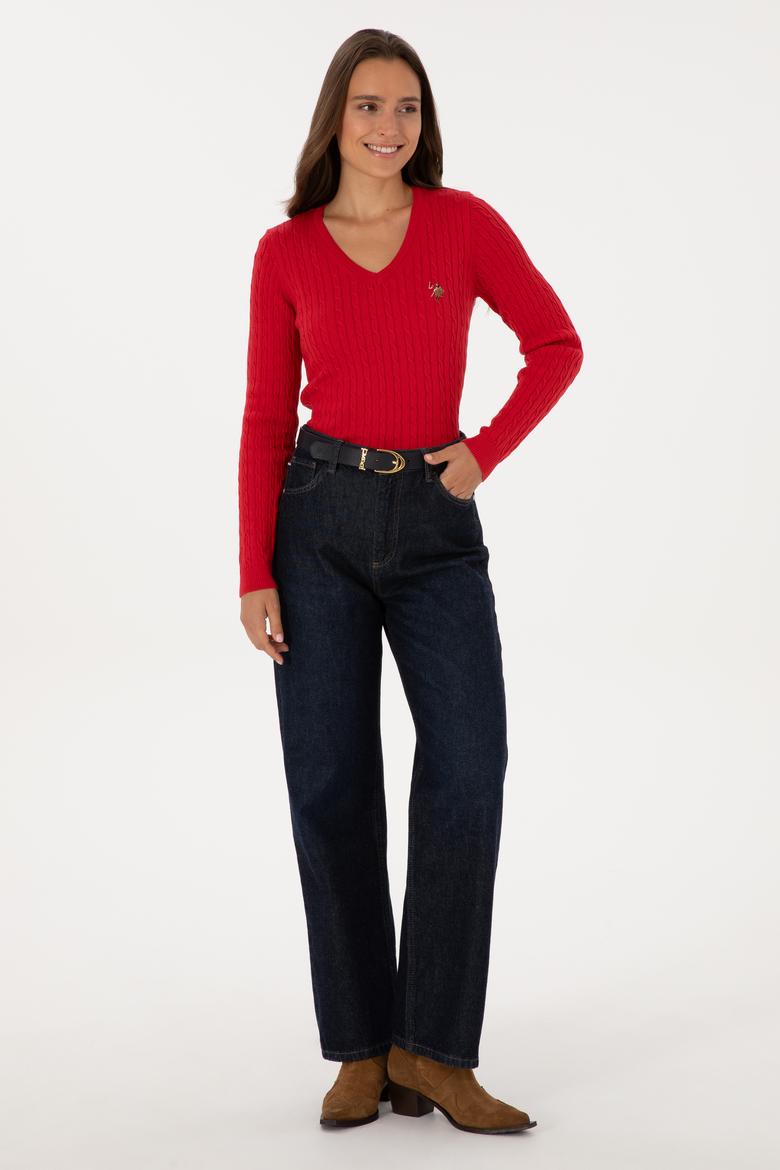 Kadın Kırmızı V Yaka Basic Kazak - 50307700006