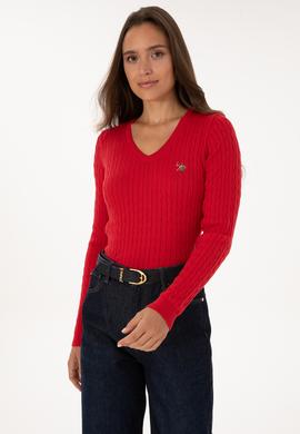 Kadın Kırmızı V Yaka Basic Kazak - 50307700006