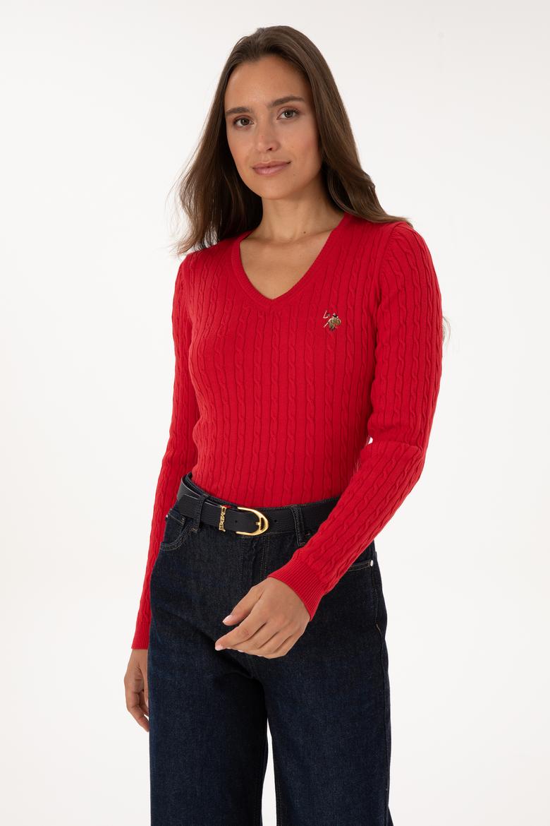 Kadın Kırmızı V Yaka Basic Kazak - 50307700006