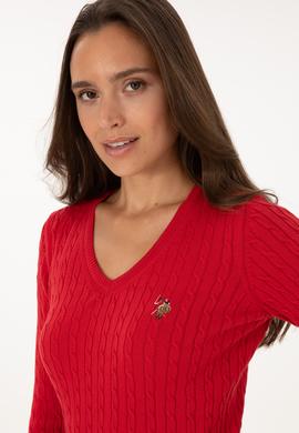 Kadın Kırmızı V Yaka Basic Kazak - 50307700006