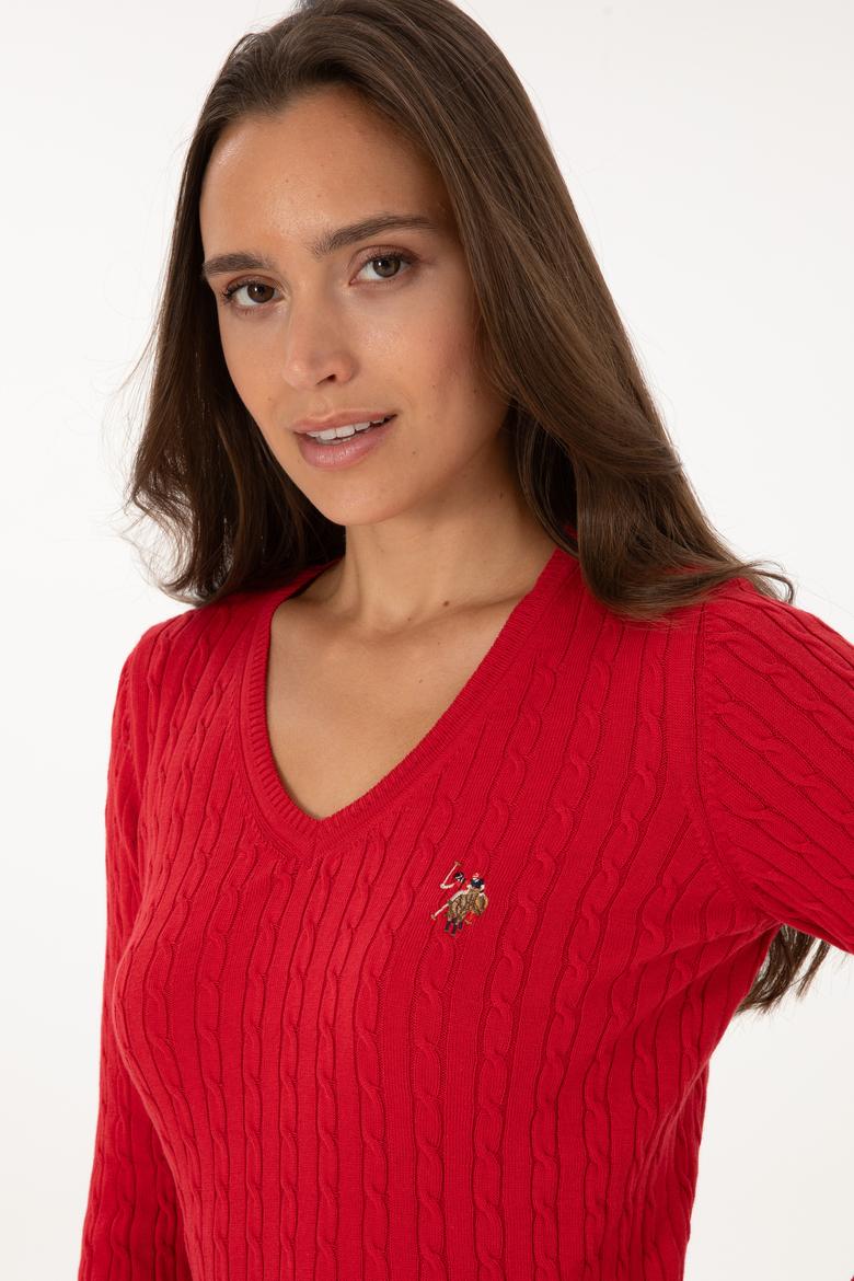 Kadın Kırmızı V Yaka Basic Kazak - 50307700006