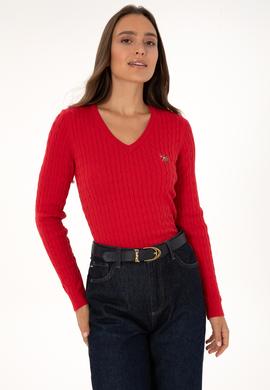 Kadın Kırmızı V Yaka Basic Kazak - 50307700006