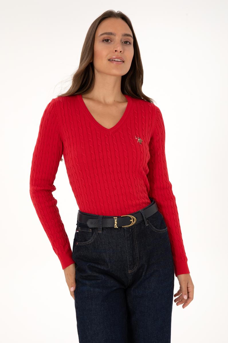 Kadın Kırmızı V Yaka Basic Kazak