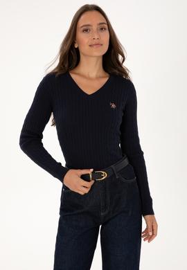 Kadın Lacivert V Yaka Basic Kazak - 50307700020