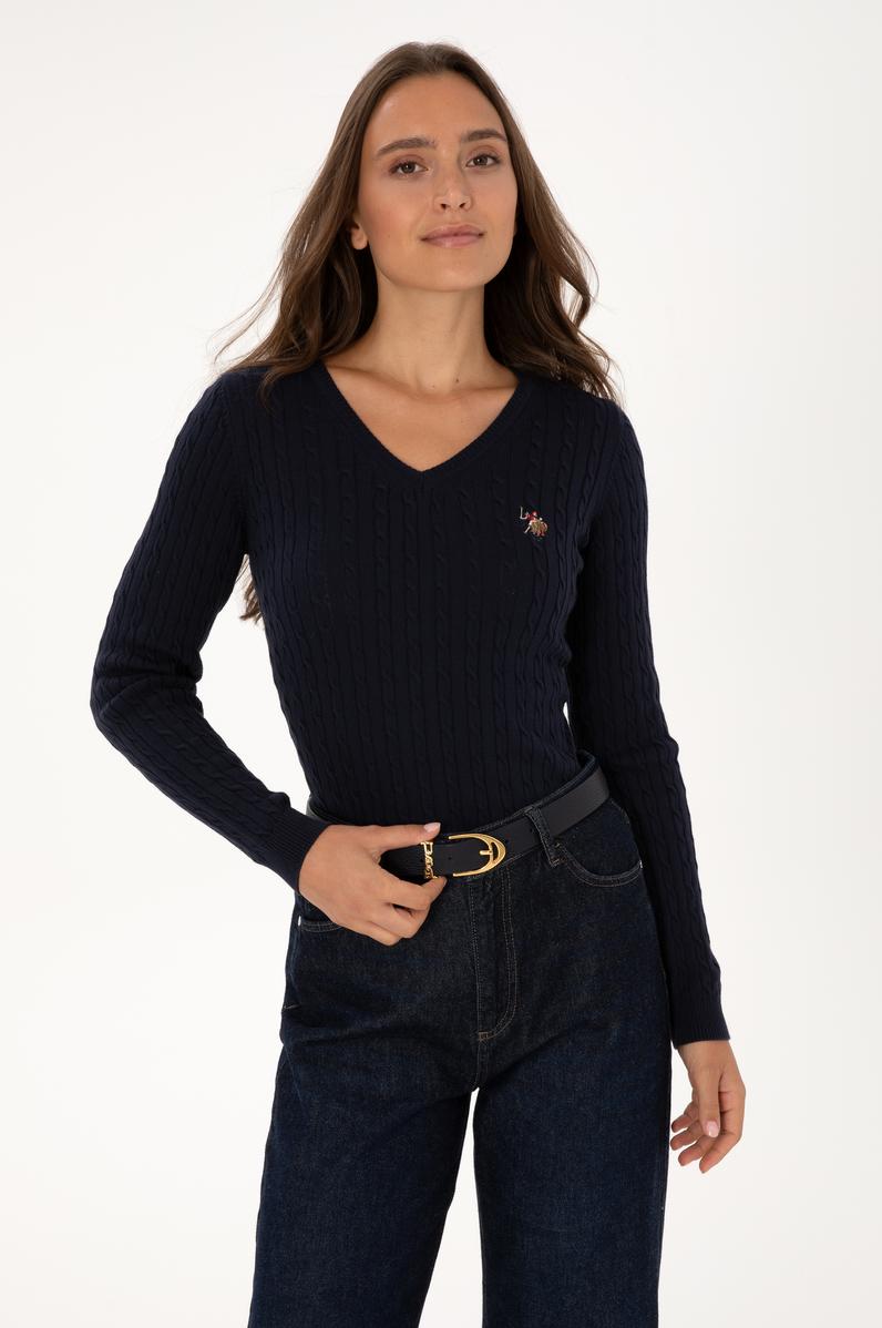 Kadın Lacivert V Yaka Basic Kazak