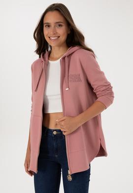 Kadın Gül Kurusu Fermuarlı Kapüşonlu Sweatshırt - 50307714052