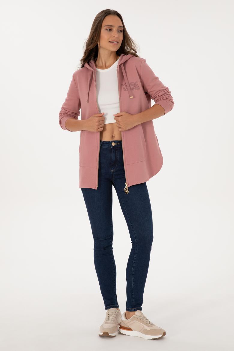 Kadın Gül Kurusu Fermuarlı Kapüşonlu Sweatshırt - 50307714052