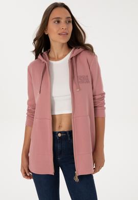 Kadın Gül Kurusu Fermuarlı Kapüşonlu Sweatshırt - 50307714052