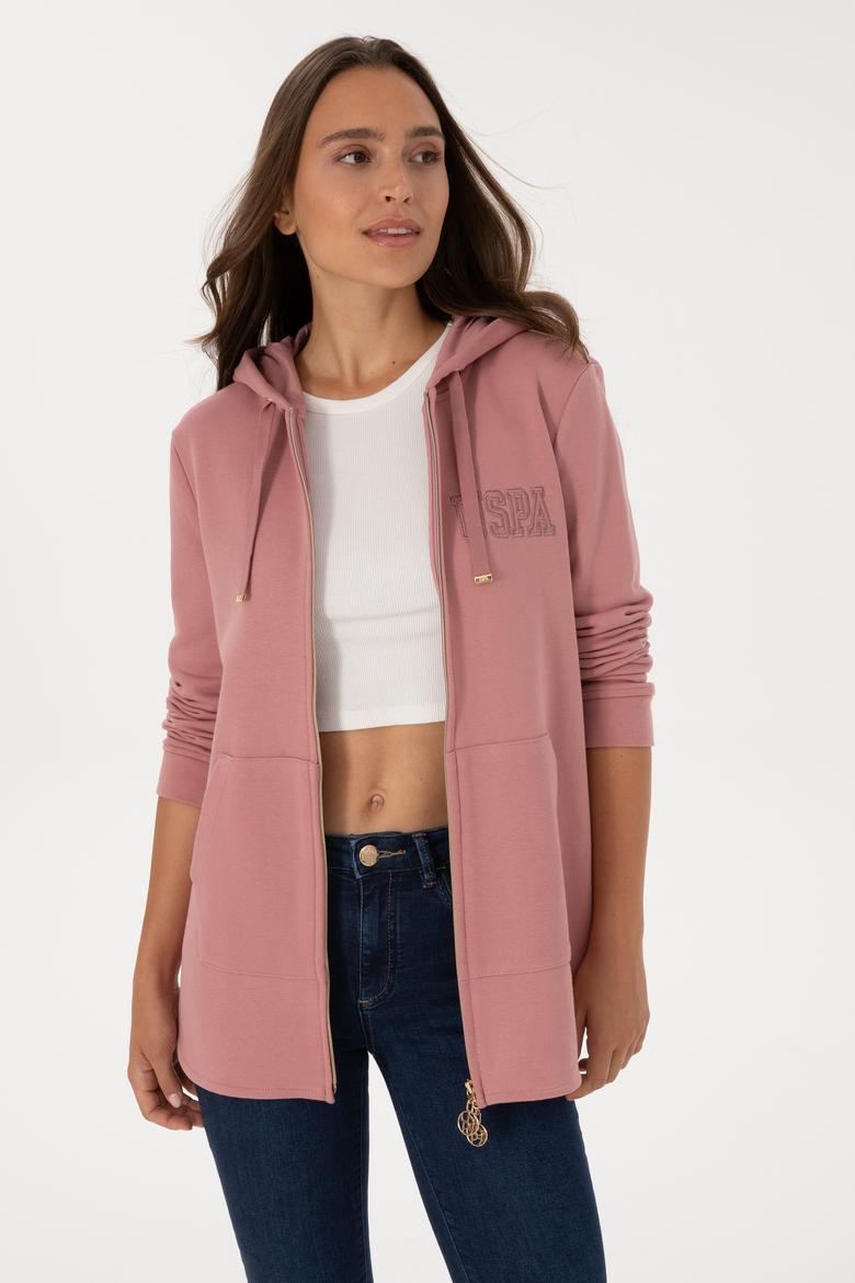 Kadın Gül Kurusu Fermuarlı Kapüşonlu Sweatshırt - 50307714052