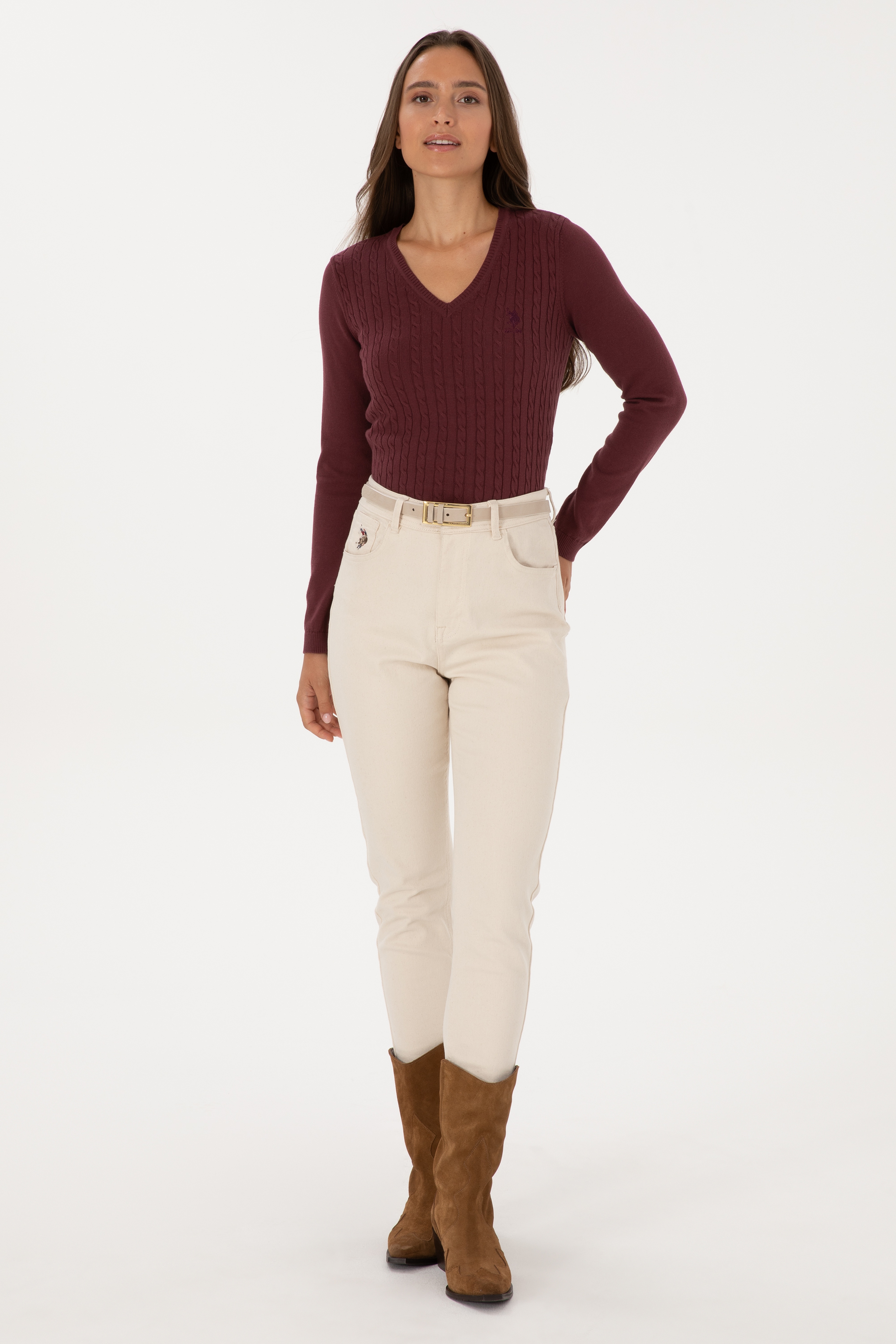 Kadın Bordo Basic Kazak - Image 4