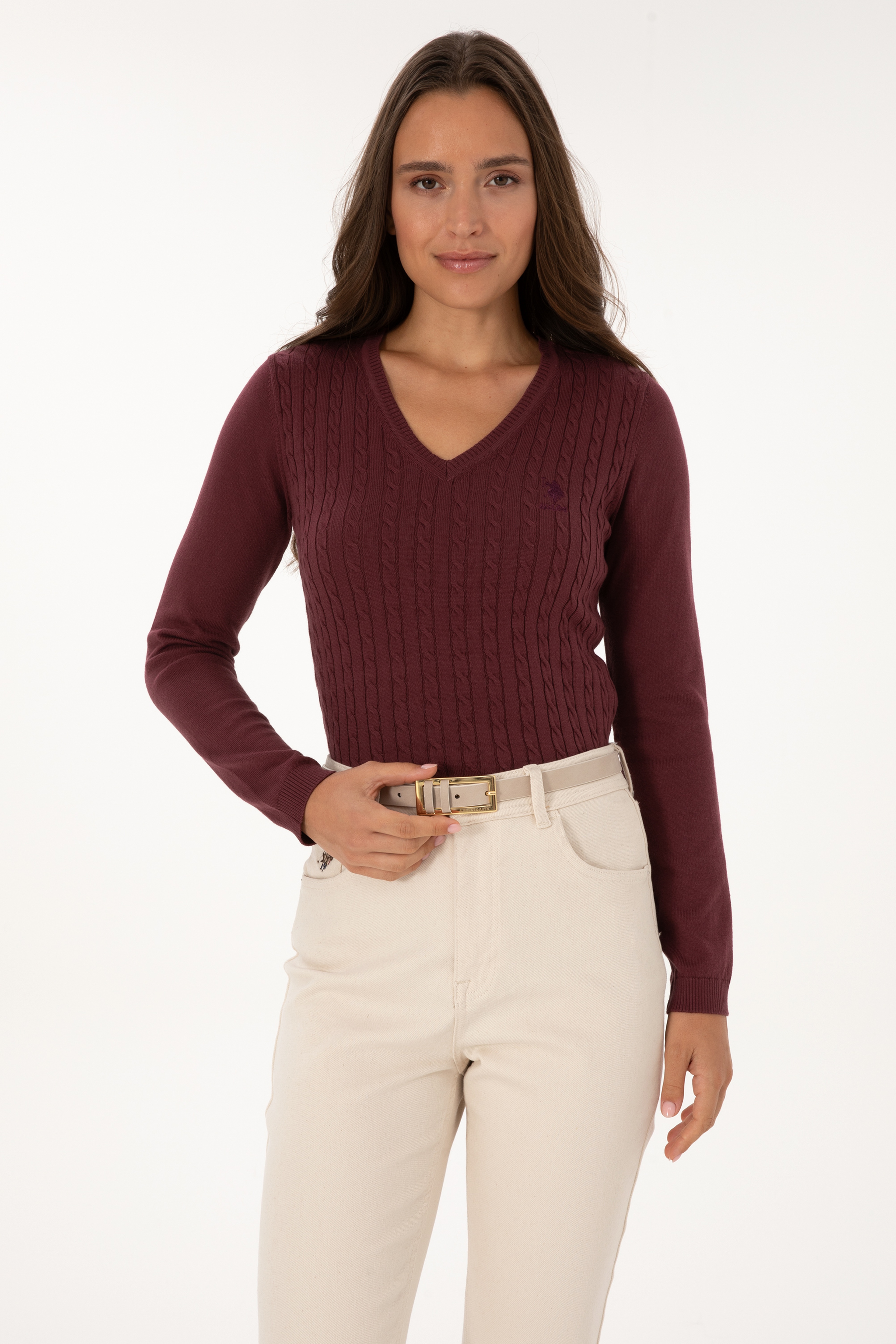 Kadın Bordo Basic Kazak - Image 3