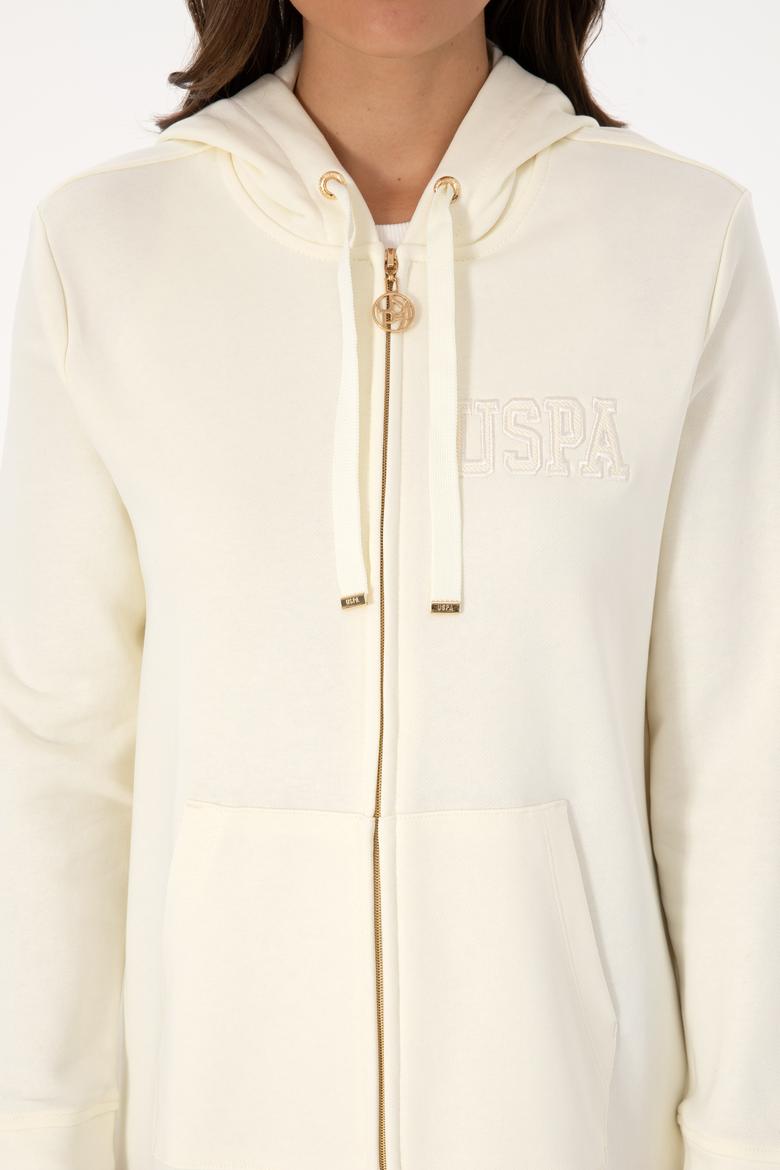 Kadın Krem Fermuarlı Kapüşonlu Sweatshırt - 50307714021
