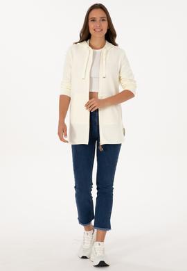 Kadın Krem Fermuarlı Kapüşonlu Sweatshırt - 50307714021