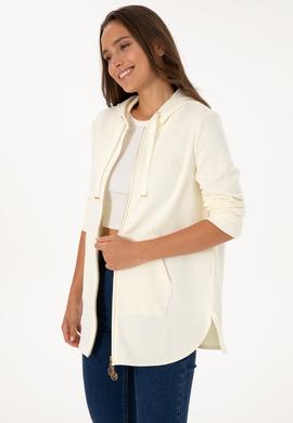 Kadın Krem Fermuarlı Kapüşonlu Sweatshırt - 50307714021