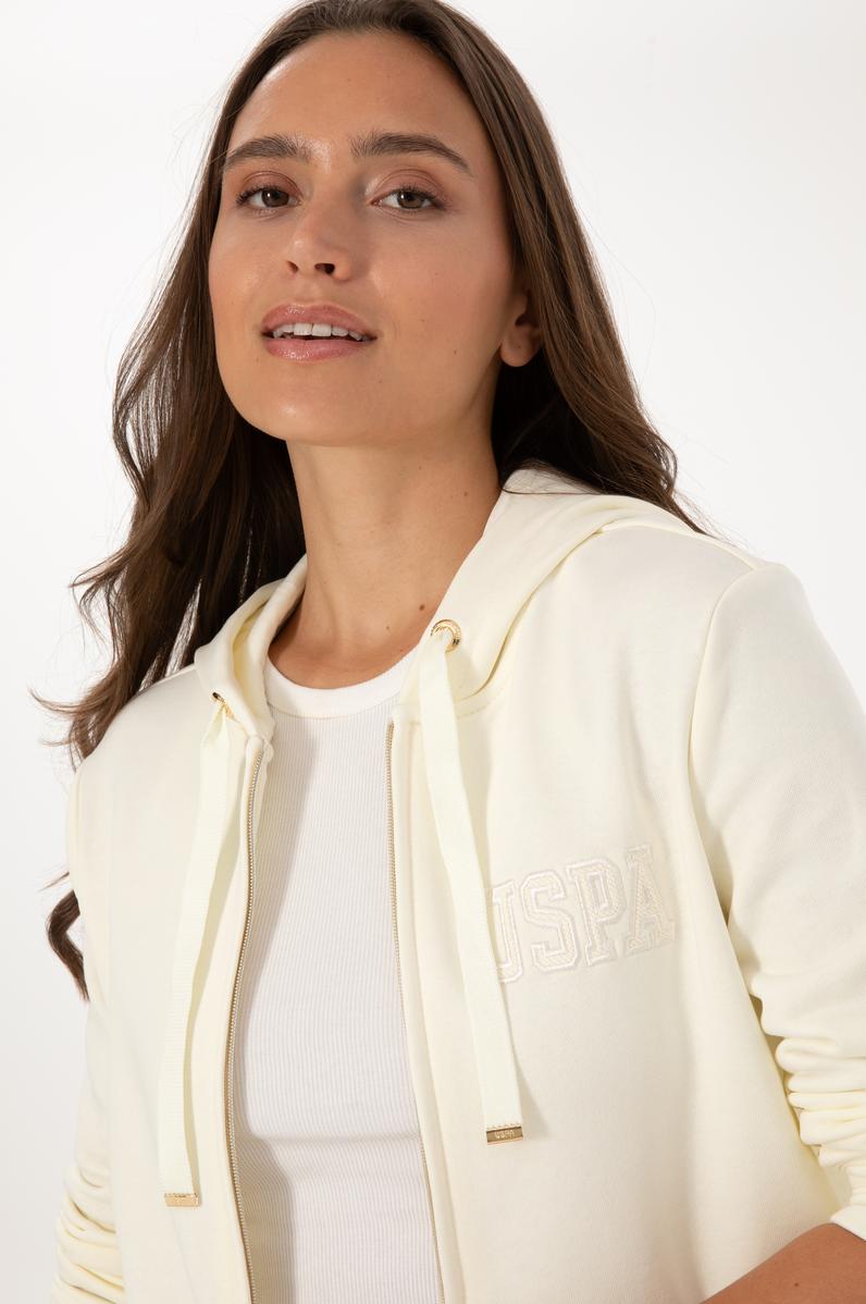 Kadın Krem Fermuarlı Kapüşonlu Sweatshırt