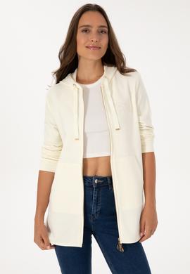 Kadın Krem Fermuarlı Kapüşonlu Sweatshırt - 50307714021