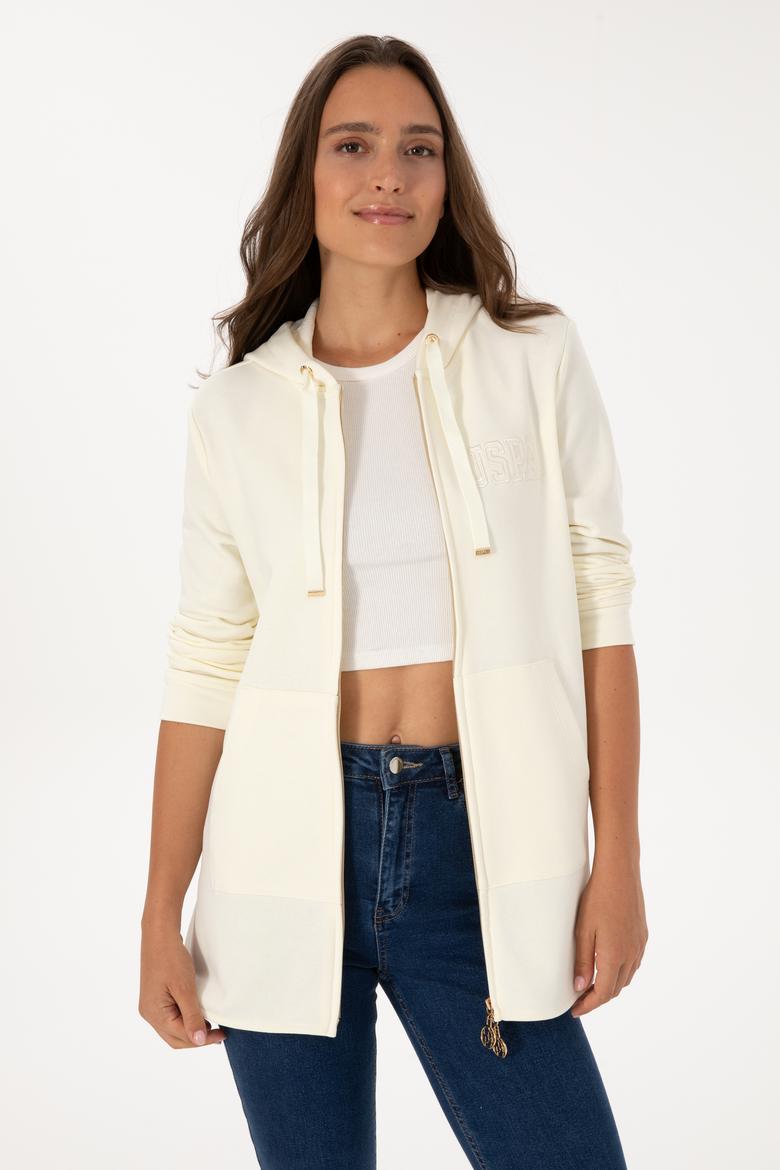 Kadın Krem Fermuarlı Kapüşonlu Sweatshırt