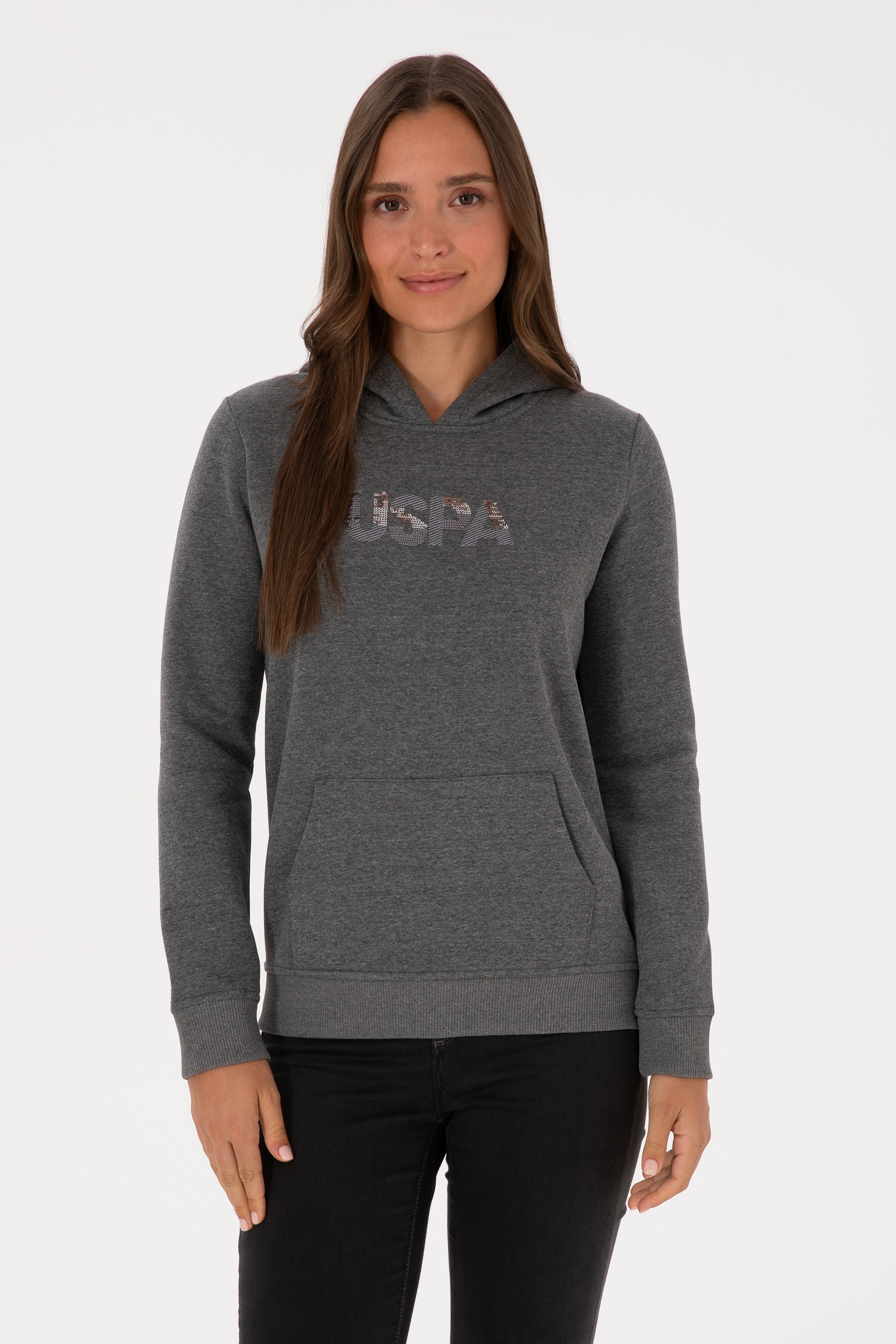 Kadın Antrasit Melanj Kapüşonlu Basic Sweatshirt