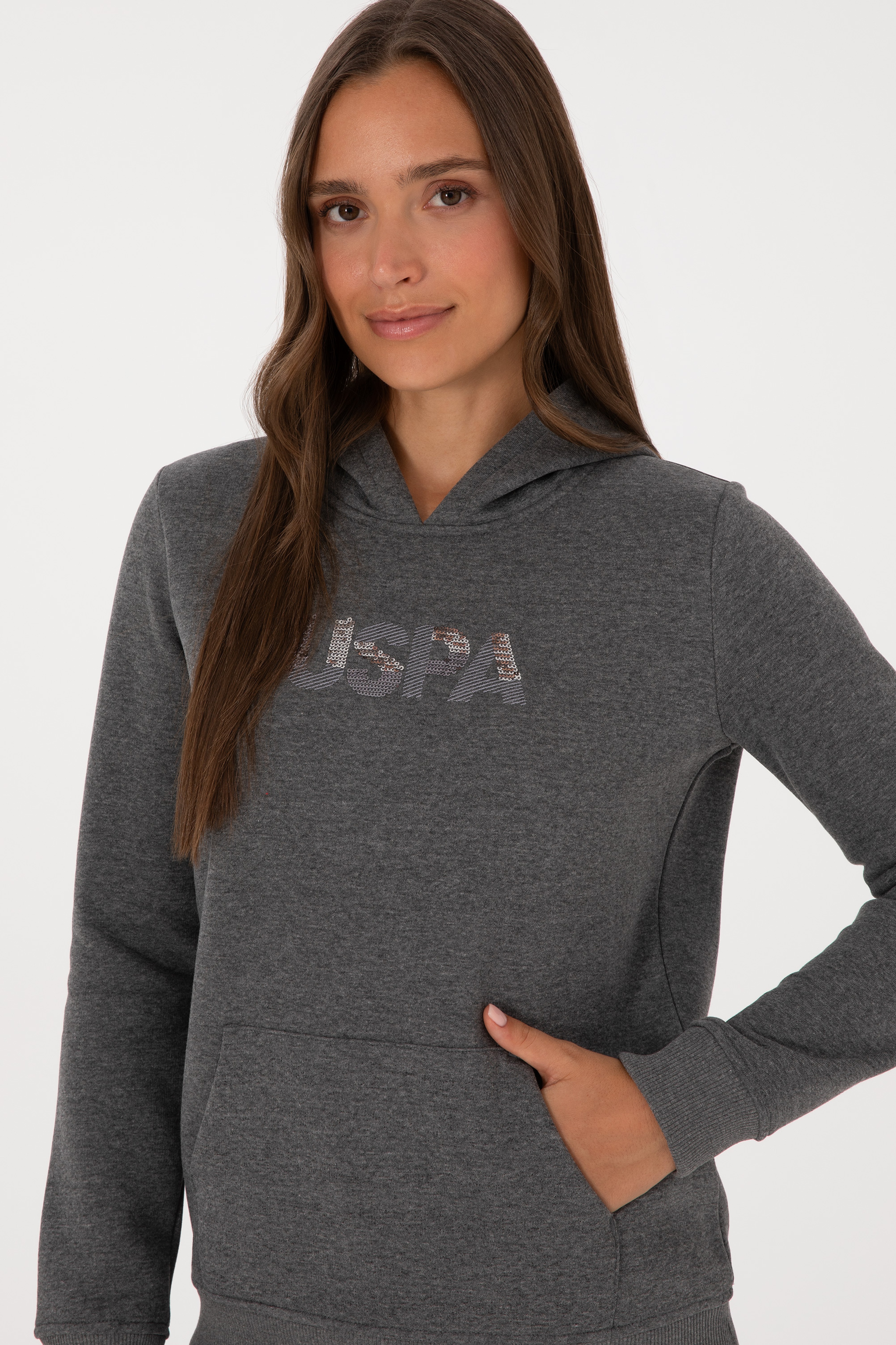 Kadın Antrasit Melanj Kapüşonlu Basic Sweatshirt