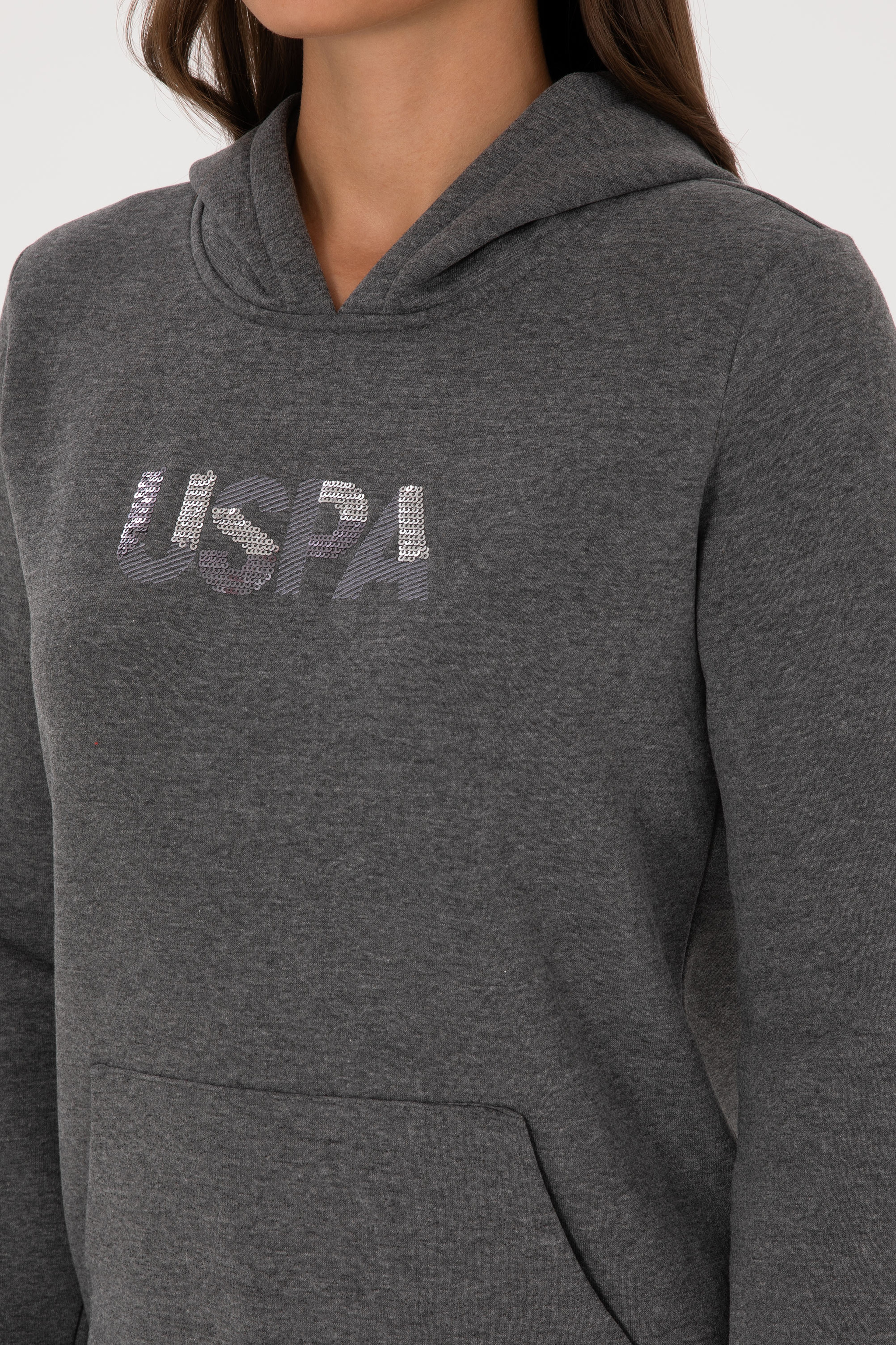 Kadın Antrasit Melanj Kapüşonlu Basic Sweatshirt - Image 7
