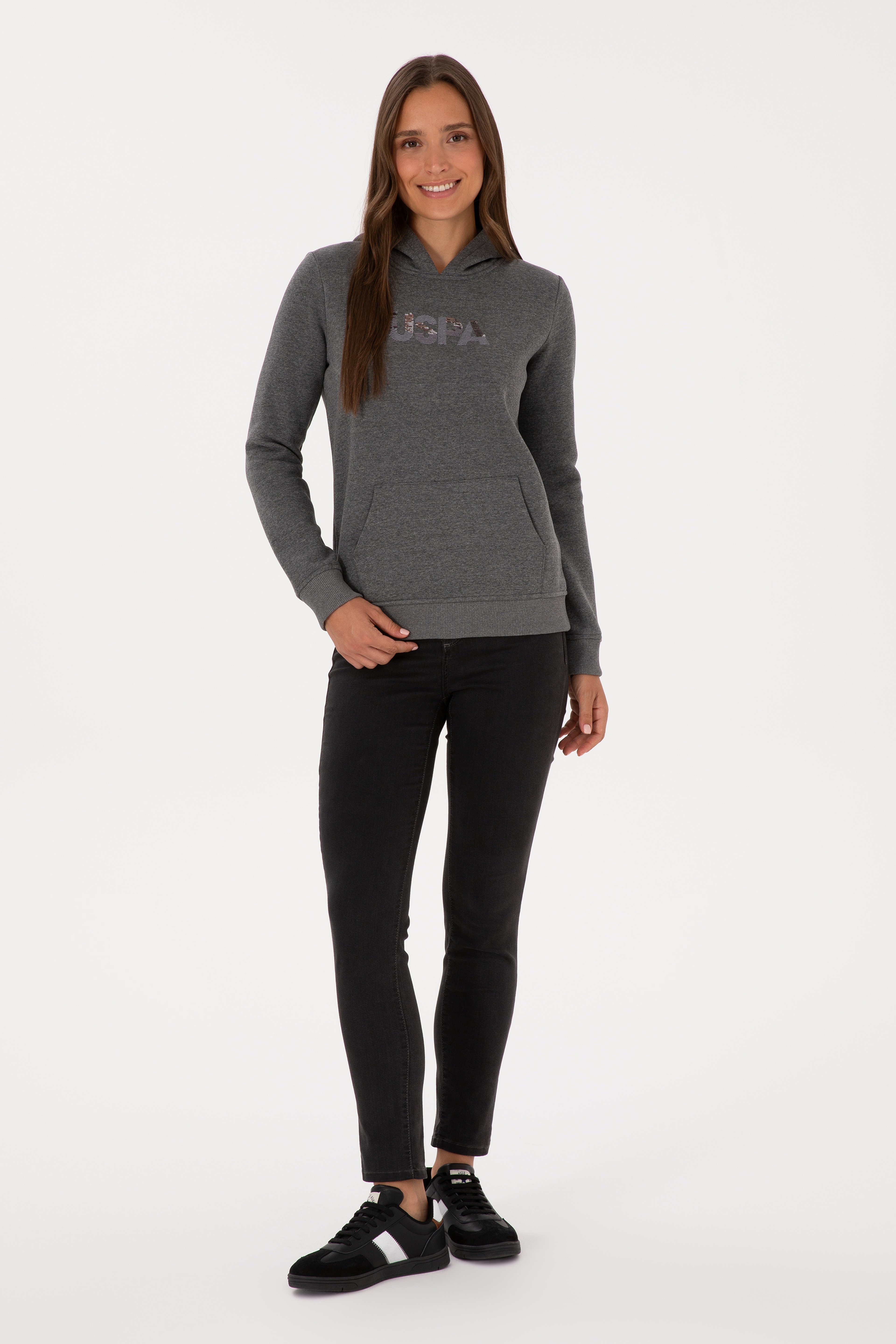 Kadın Antrasit Melanj Kapüşonlu Basic Sweatshirt - Image 4