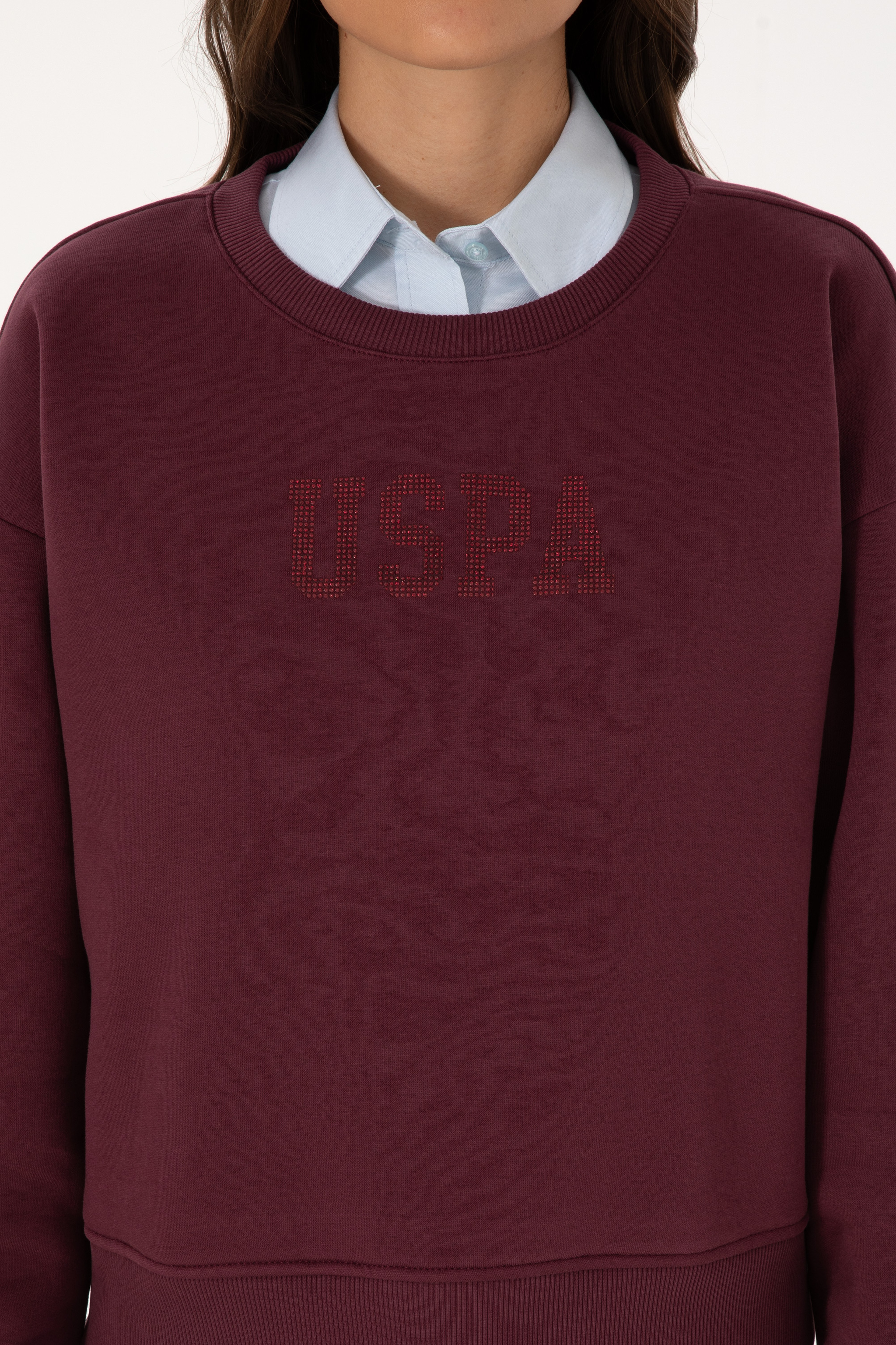Kadın Bordo Bisiklet Yaka Basic Sweatshirt - Image 6