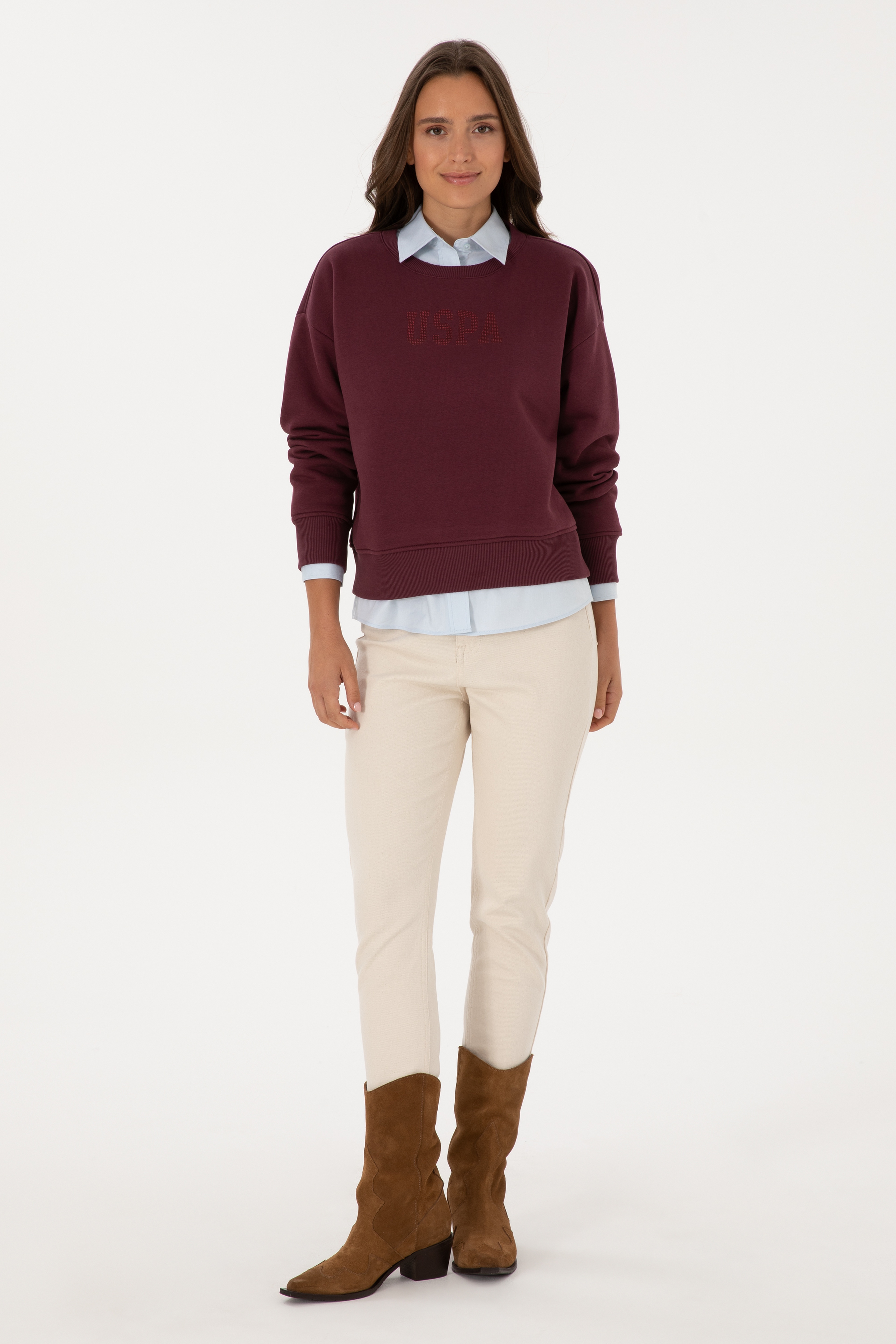 Kadın Bordo Bisiklet Yaka Basic Sweatshirt - Image 4