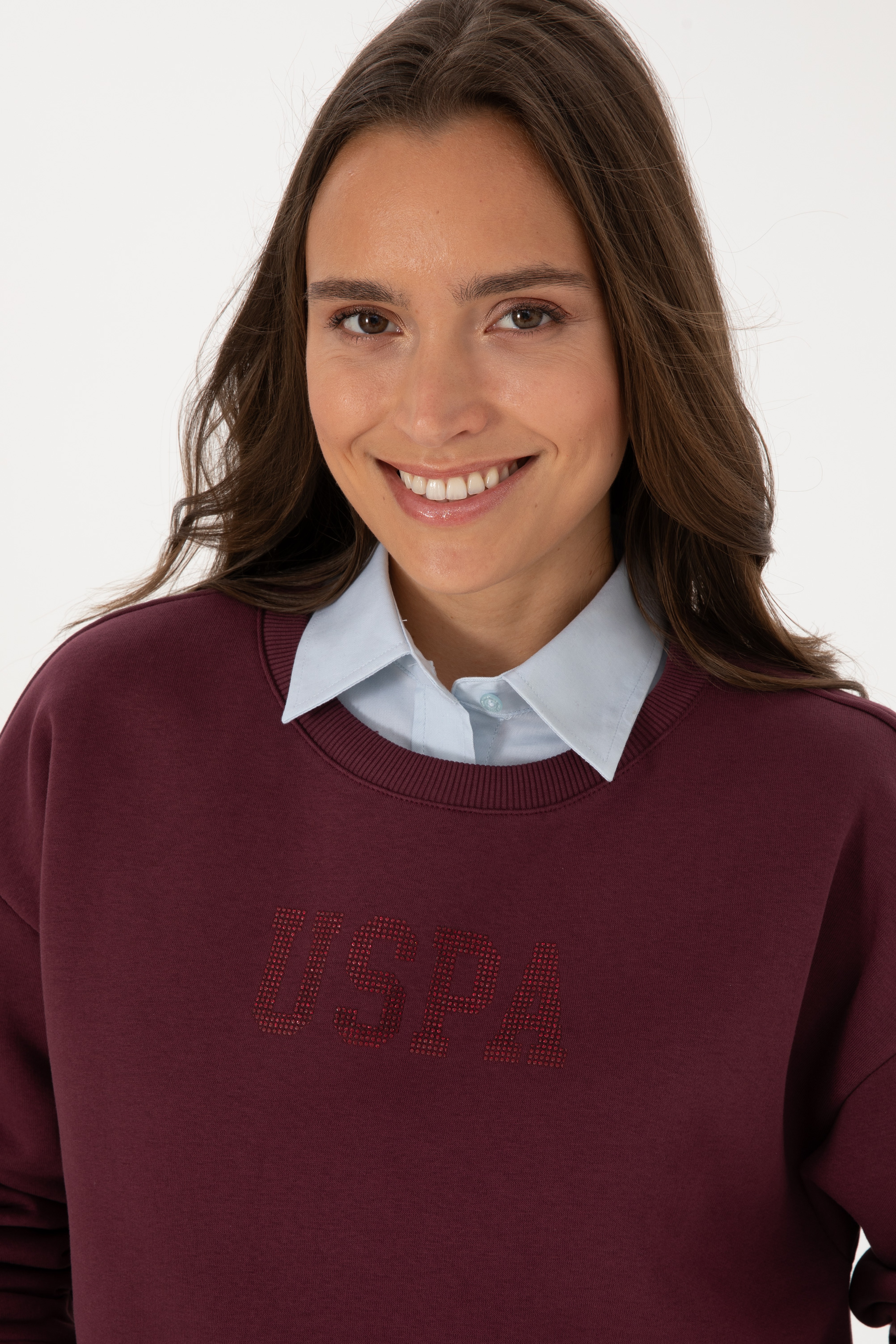 Kadın Bordo Bisiklet Yaka Basic Sweatshirt - Image 2