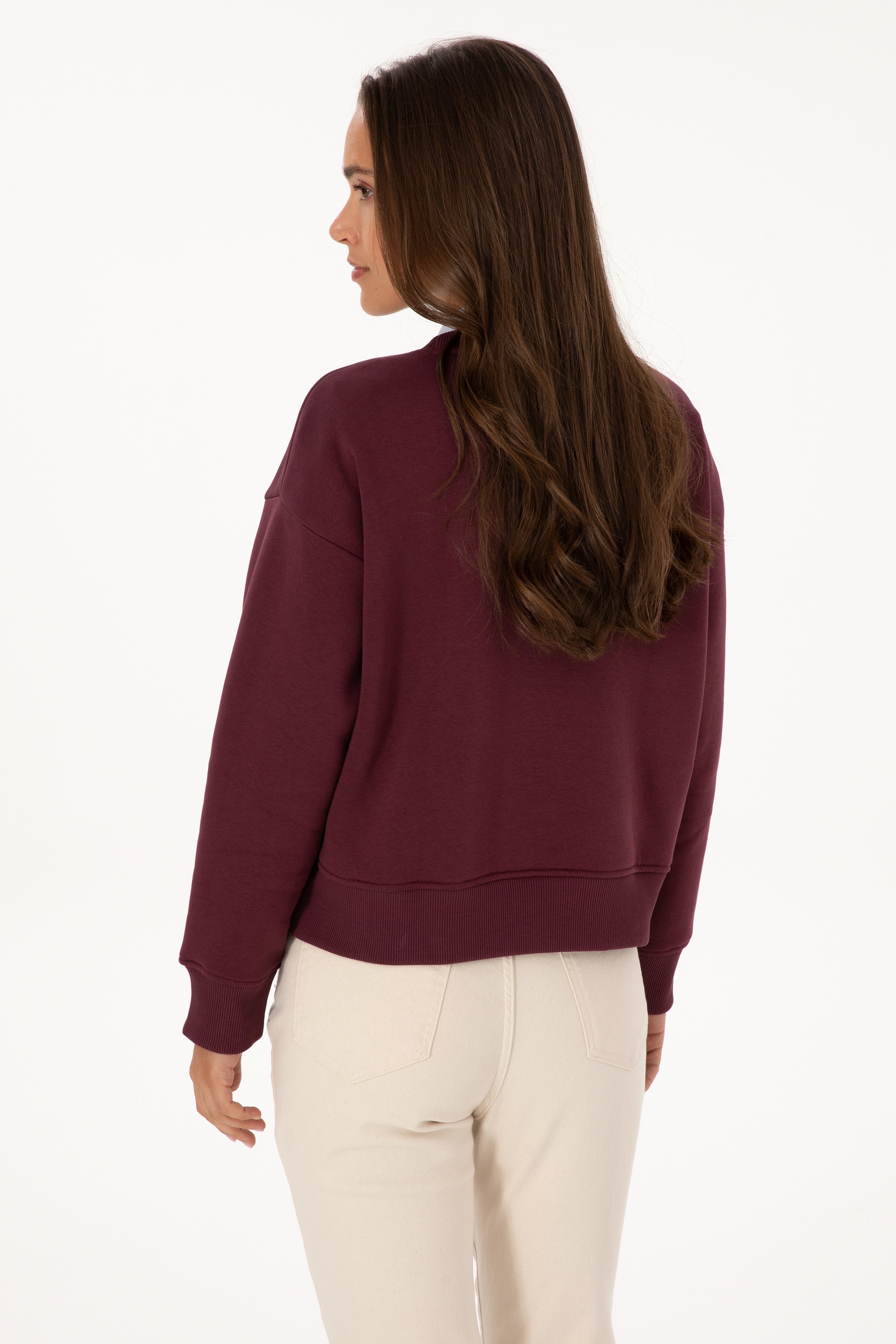 Kadın Bordo Bisiklet Yaka Basic Sweatshirt