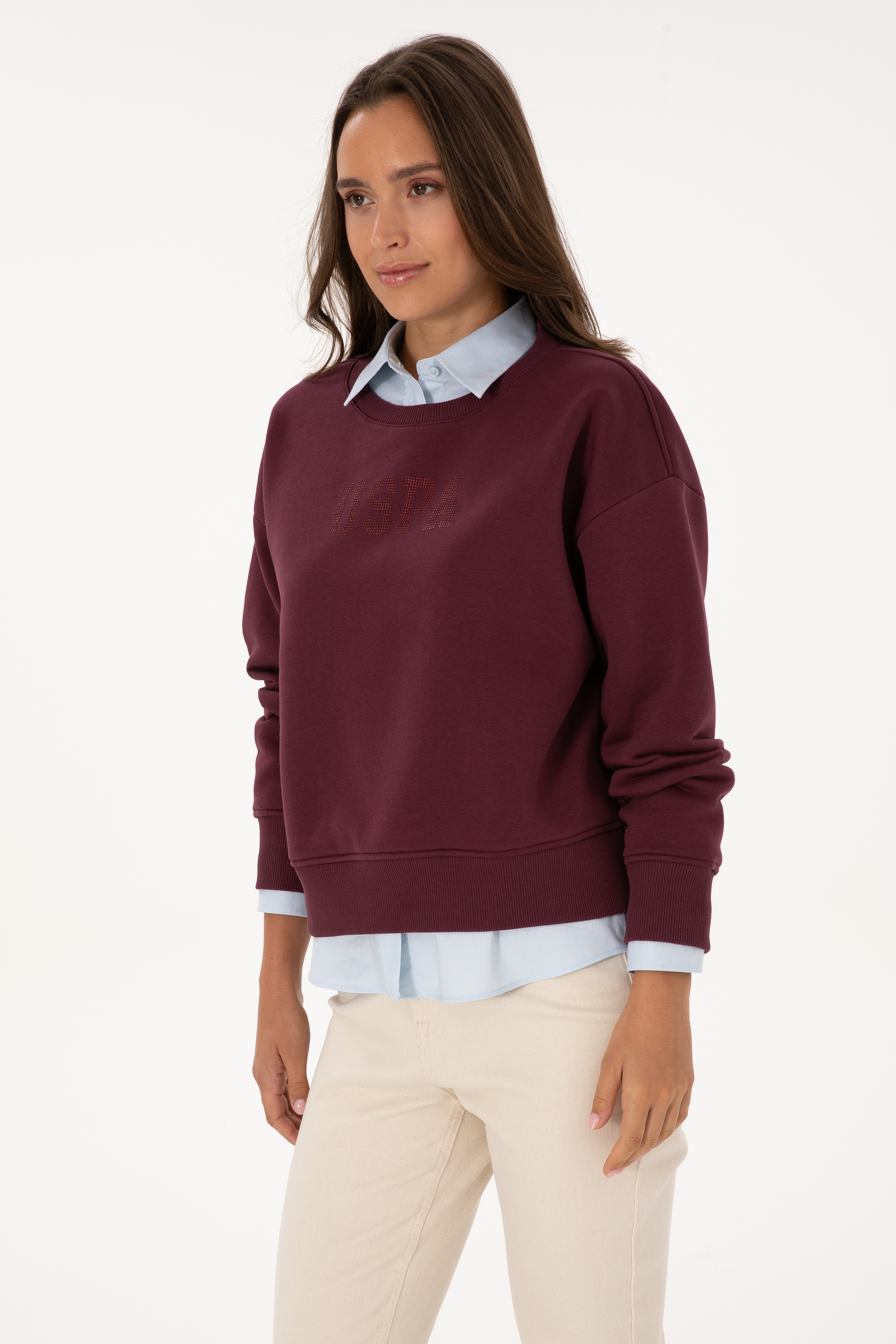 Kadın Bordo Bisiklet Yaka Basic Sweatshirt
