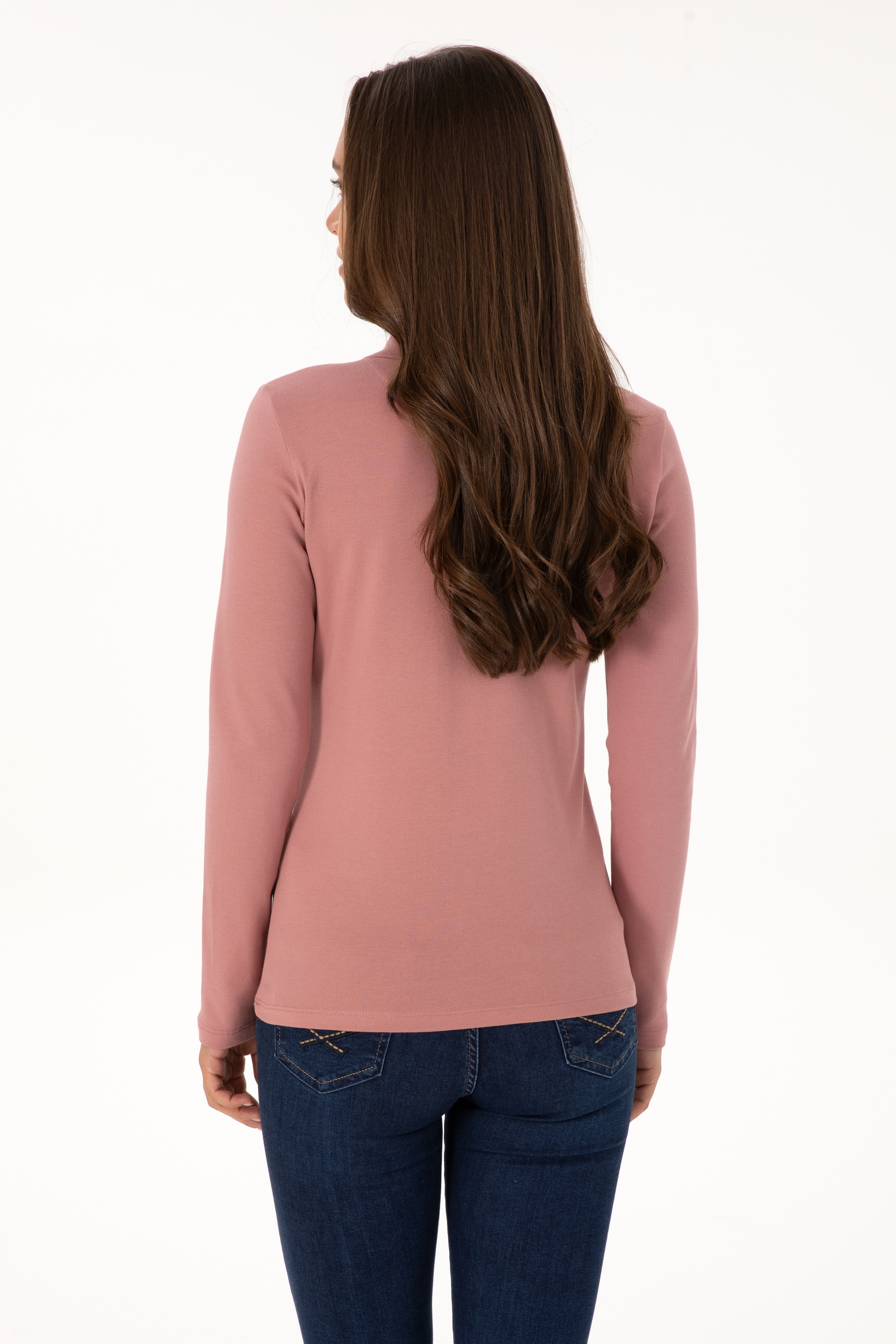 Kadın Gül Kurusu Basic Polo Yaka Sweatshırt - Image 5