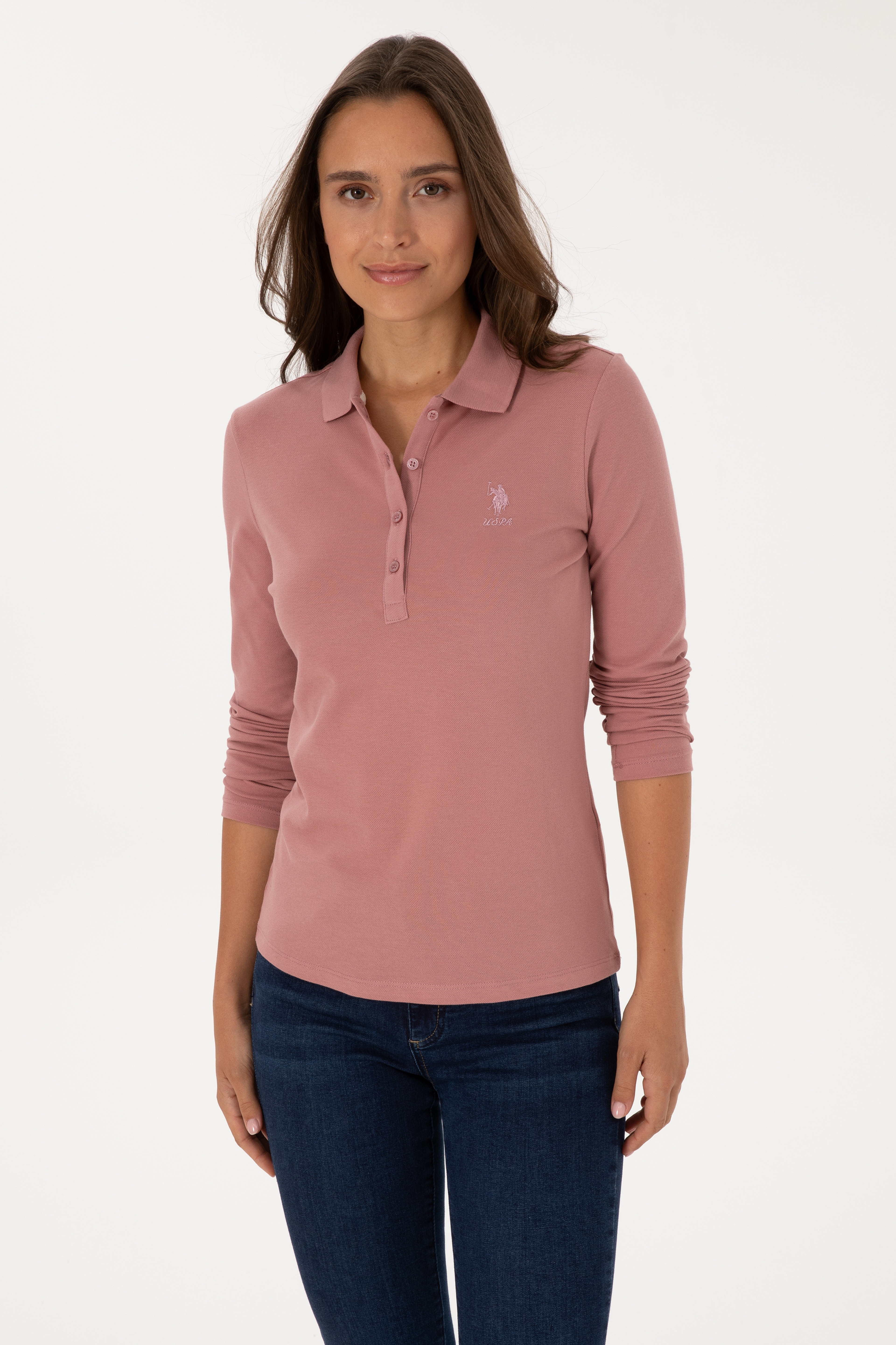 Kadın Gül Kurusu Basic Polo Yaka Sweatshırt - Image 3