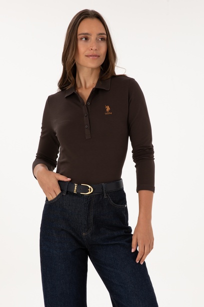 Kadın Kahverengi Basic Polo Yaka Sweatshırt