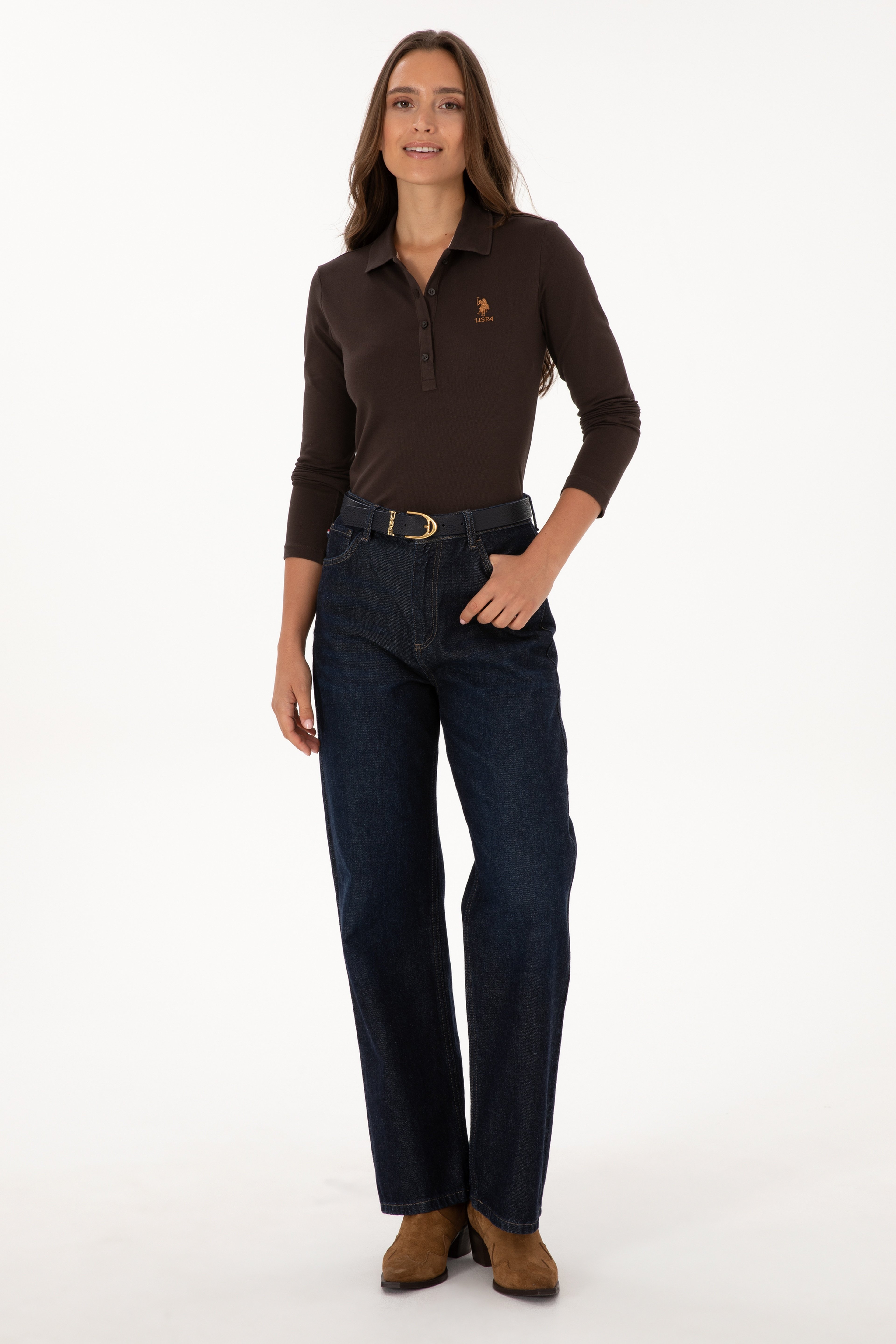 Kadın Kahverengi Basic Polo Yaka Sweatshırt
