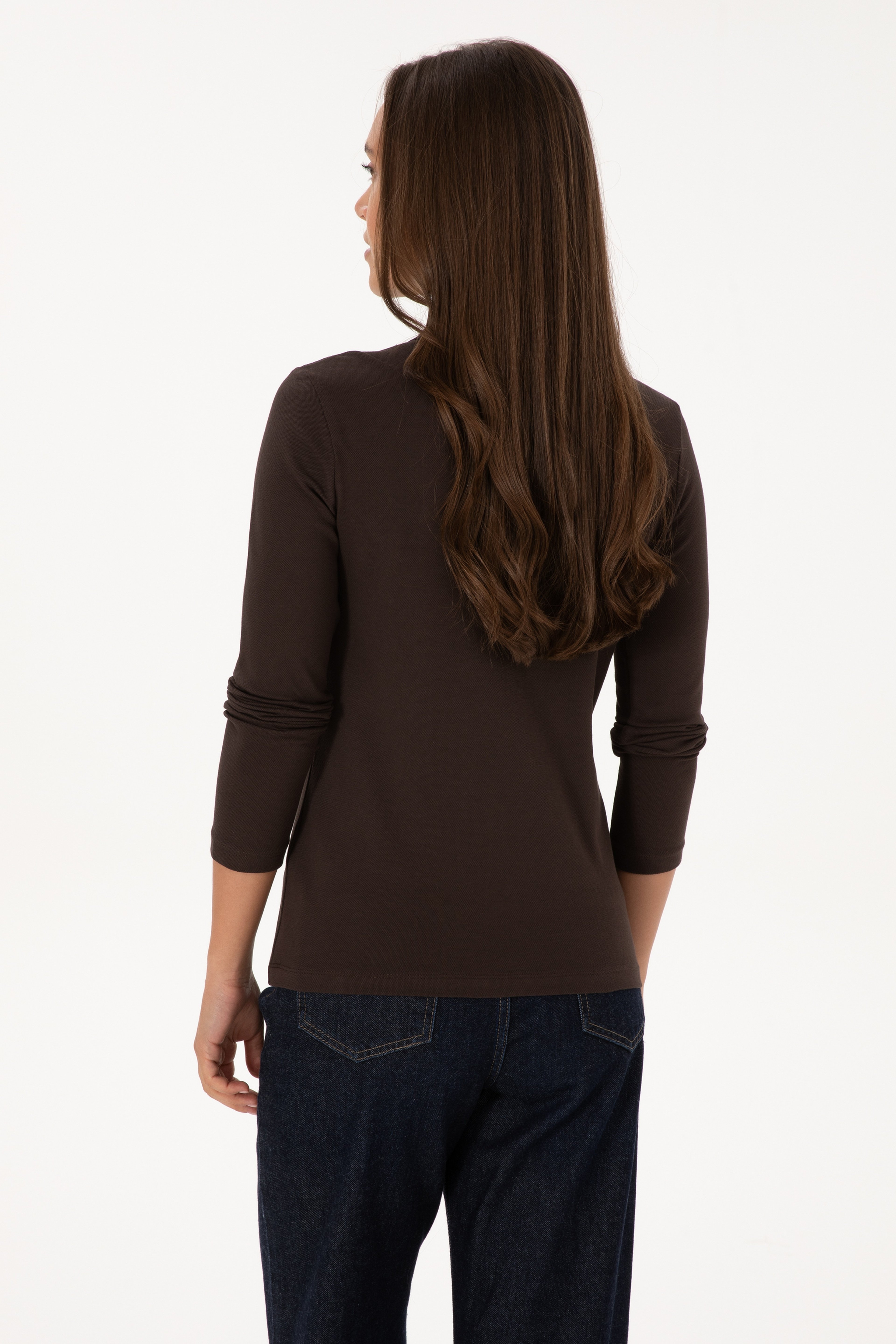 Kadın Kahverengi Basic Polo Yaka Sweatshırt