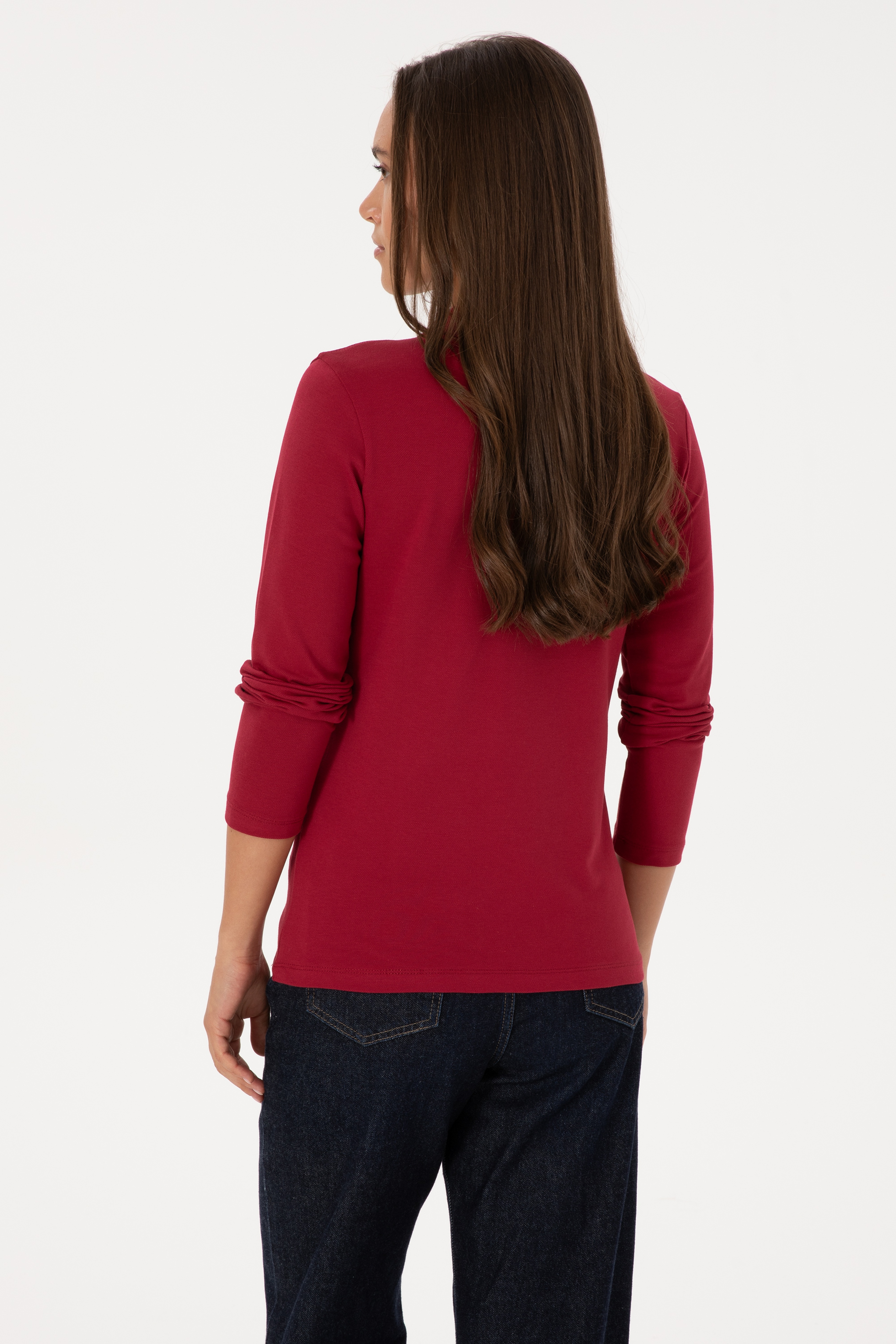 Kadın Koyu Frambuaz Basic Polo Yaka Sweatshırt