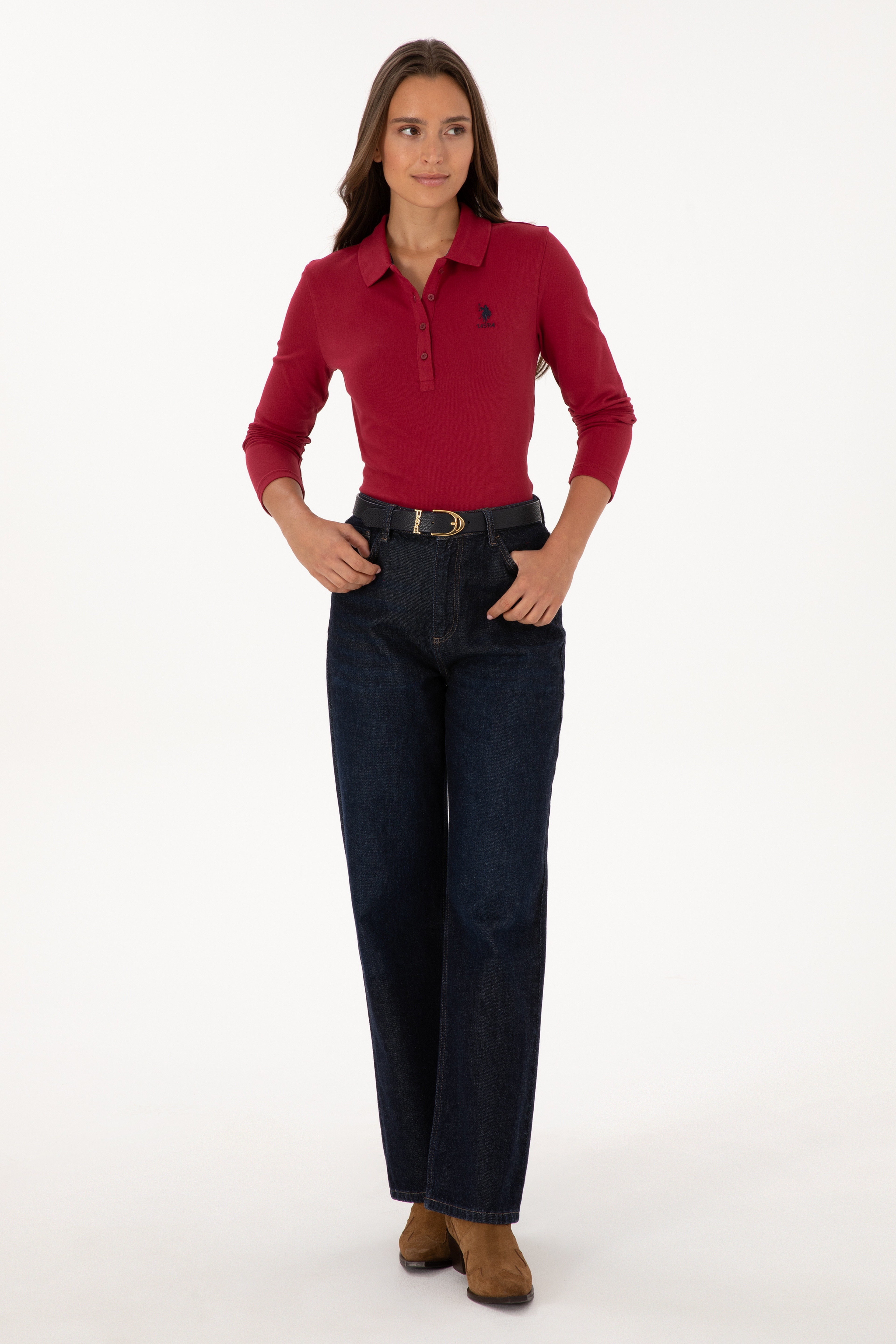 Kadın Koyu Frambuaz Basic Polo Yaka Sweatshırt - Image 4