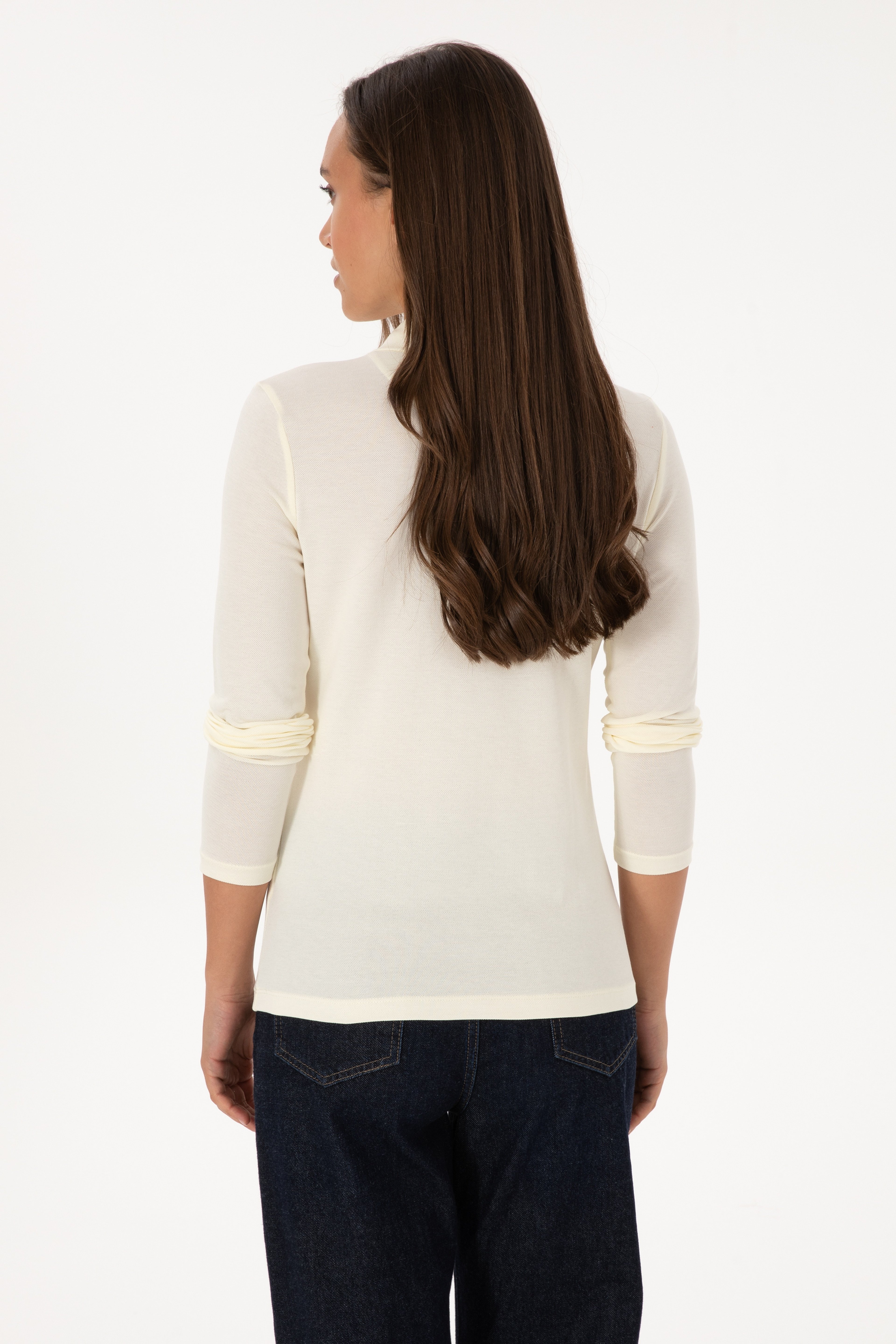 Kadın Krem Basic Polo Yaka Sweatshırt - Image 5