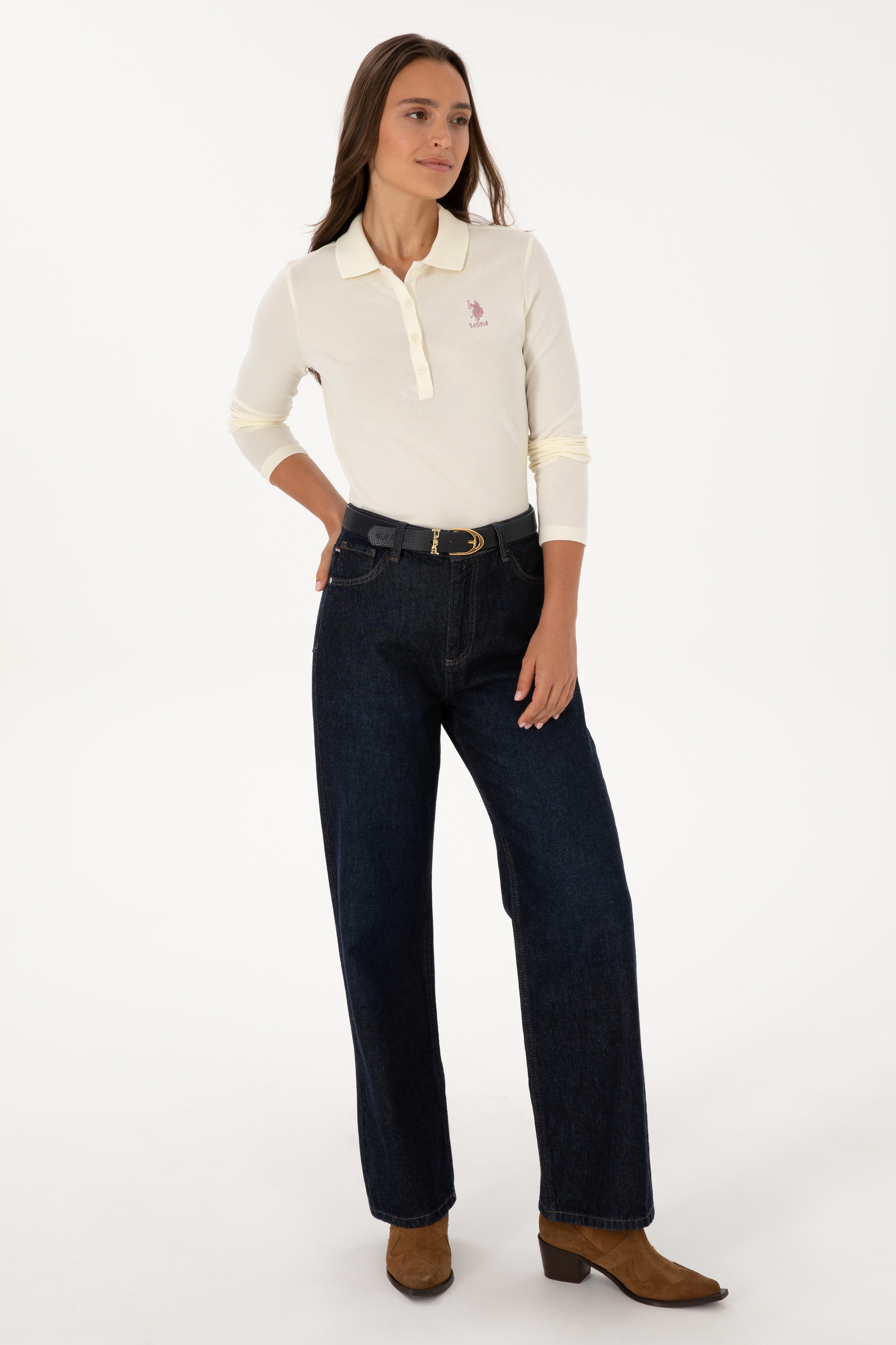 Kadın Krem Basic Polo Yaka Sweatshırt - Image 4